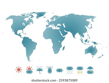 World map and weather symbol icons. Vector illustration. Blue gradient color. White background.