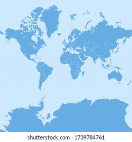 World Map In Web Mercator Projection (WGS 84 / Pseudo-Mercator, Spherical Mercator Projection, EPSG:3857). Detailed Vector Earth Map With Countries’ Borders And 5-degree Grid.