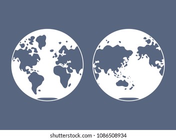 World map, western and eastern globe hemisphere flat vector icons.