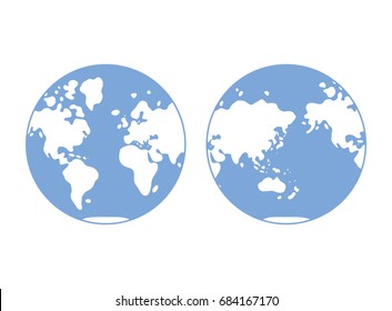 World Map, Western And Eastern Globe Hemisphere, Flat Vector