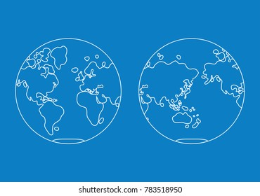 World Map, Western And Eastern Globe Hemisphere Vector Line Icons.