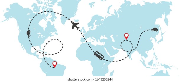 World map whit dashed trace line and airplanes flying, bus driving, and car. Travel concept. Vector illustration.