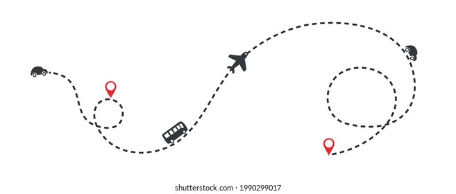 World map whit dashed trace line and airplanes flying, bus driving. Travel concept. Vector