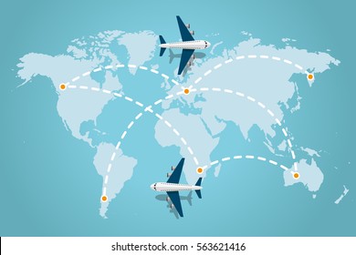 World map whit dashed trace line and airplanes flying. Travel concept. Vector illustration.