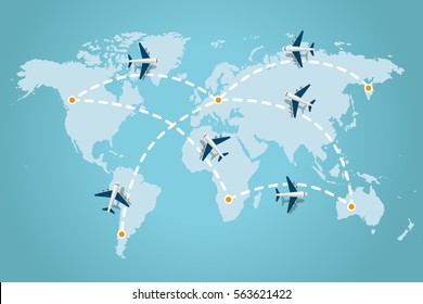 World Map Whit Dashed Trace Line And Airplanes Flying. Travel Concept. Vector Illustration.