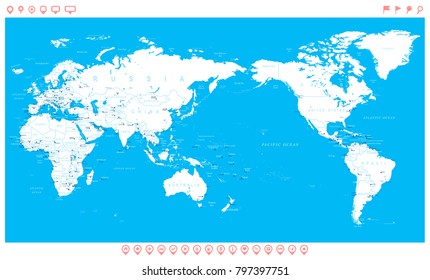 World Map White Blue - Asia in Center- vector