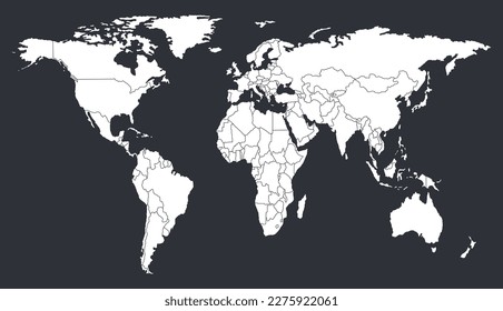 World map in white color, with all country borders on black background. Vector illustration.