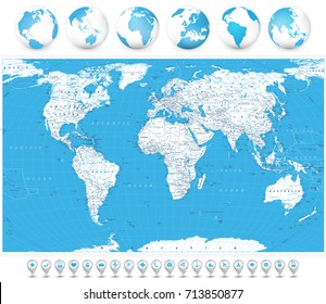 World Map White Color - borders, countries and cities with main water objects. Detailed World Map vector illustration.