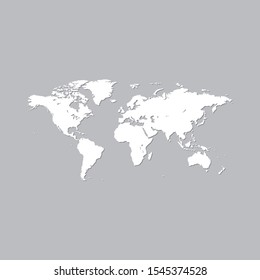 World Map in white color Isolated on gray background with shadow - stock vector.
