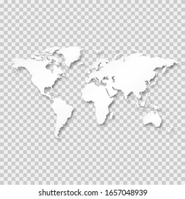 World Map White Color Isolated On Transparent Background. Realistic Shadow Backdrop. Template For Web Design App. Africa America USA Europe Australia Asia Map Vector. Vector Illustration EPS10