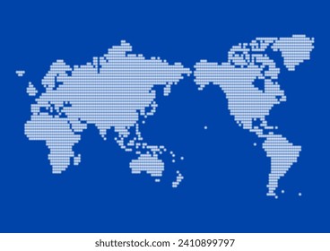 World map. White gradient dot pattern on blue background. Vector illustration. Simple design.
