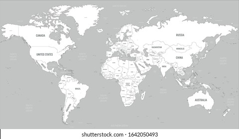 World map - white lands and grey water. High detailed political map of World with country, capital, ocean and sea names labeling.