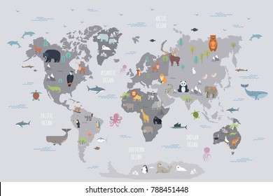 World map and wild animals living various continents   in oceans  Cute cartoon mammals  reptiles  birds  fish inhabiting planet  Flat colorful vector illustration for educational poster  banner 