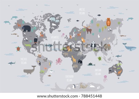 World map with wild animals living on various continents and in oceans. Cute cartoon mammals, reptiles, birds, fish inhabiting planet. Flat colorful vector illustration for educational poster, banner.