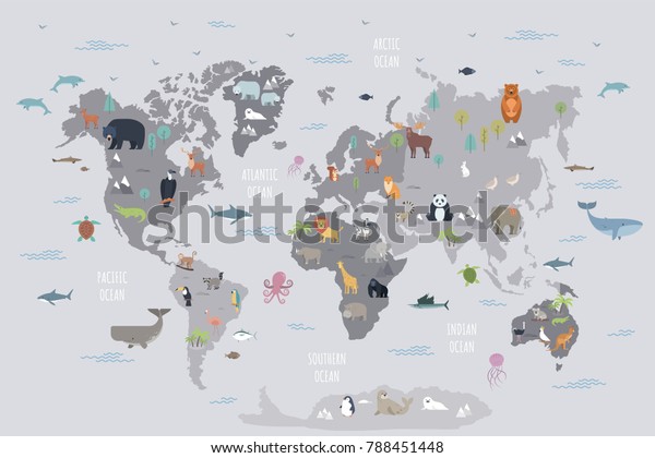 さまざまな大陸や海に生息する野生動物との世界地図 かわいい 漫画の哺乳類 爬虫類 鳥類 惑星に住む魚 教育用ポスター バナー用の平らなカラフルなベクターイラスト のベクター画像素材 ロイヤリティフリー