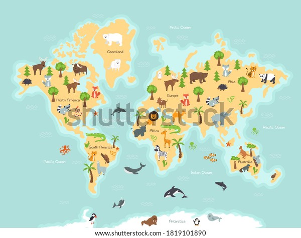 野生の動物と植物を含む世界地図 異なる大陸の動物や植物を持つ野生生物の地図 抽象的な看板とアイコンかわいいスタイル ベクターイラスト のベクター画像素材 ロイヤリティフリー