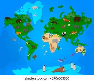 World map with wildlife animals and plants