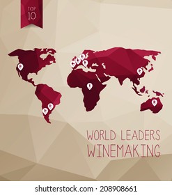 World map with wines. Vector illustration concept. World leaders winemaking. Use for card, poster, banner, web design and print on t-shirt. Easy to edit.