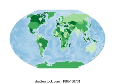 World Map. Winkel Tripel Projection. World In Green Colors With Blue Ocean. Vector Illustration.