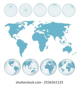 World map. Wireframe globe icon set. Earth planet sphere set from different views with meridians and parallels. 3D vector EPS 10