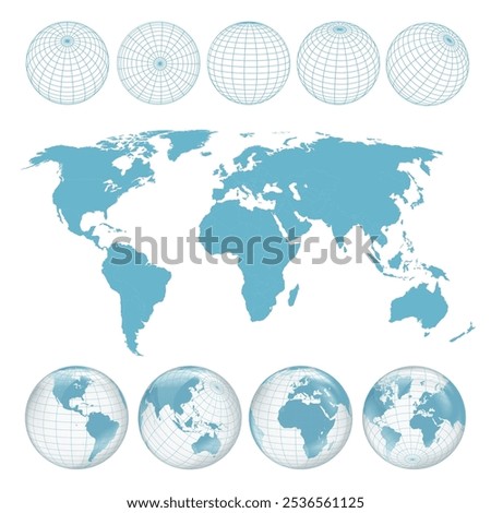 World map. Wireframe globe icon set. Earth planet sphere set from different views with meridians and parallels. 3D vector EPS 10