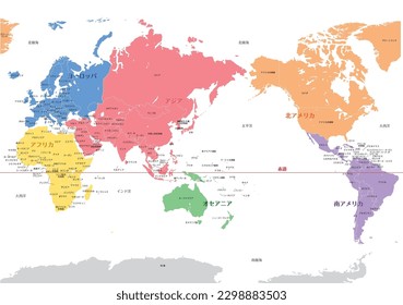 Mapa mundial (con nombres de países y fronteras)

"Europa" "Asia" "África" en japonés
Nombres de Estados como "Norteamérica" y "Oceanía", y nombres de países como "Japón", "Australia" y "Corea"