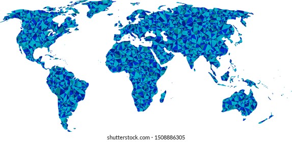 World map without Antartica covered by colorful triangles. Flat Earth template for web site, annual report or infographics. 