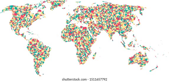 World map without Antartica covered by colorful triangles. Flat Earth template for web site, annual report or infographics. 