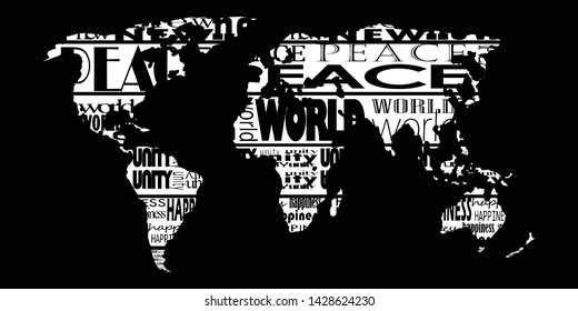 World map. Words that unite as a mask are located on the map.
