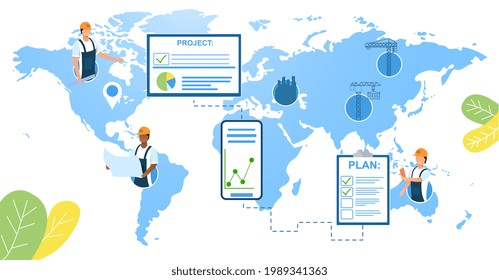 Weltkarte mit Mitarbeitern und Weltbauunternehmen. Internationale Bauherren bereiten gerade einen Start eines Geschäftsprojekts vor. Dokumente mit Projekten und Plänen. Flaches Cartoon, Vektorgrafik