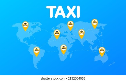 World map - Worldmap with yellow taxi pointers. Flat vector illustration. World map icon. Location icon. World map icon. Location icon.