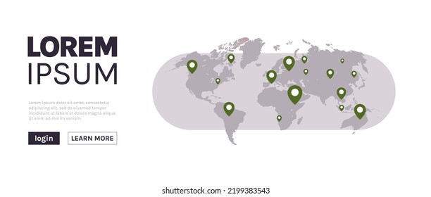 World map worlds pins and travel concept flat vector illustration.