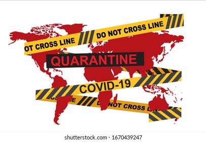 World map wrapped warning Strip. COVID-19. China pathogen respiratory coronavirus 2019-nCoV. Flu spreading of world. Dangerous chinese ncov corona virus, SARS pandemic risk alert.