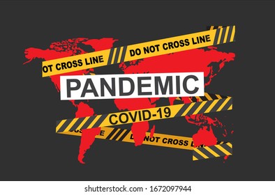 World map wrapped warning Strip. COVID-19. China pathogen respiratory coronavirus 2019-nCoV. Flu spreading of world. Dangerous chinese ncov corona virus, SARS pandemic risk alert.