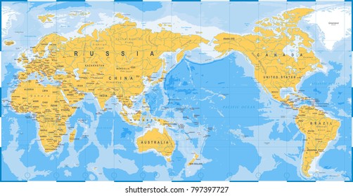 World Map Yellow Blue - Asia in Center- vector