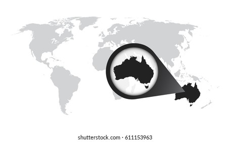 World map with zoom on Australia. Map in loupe. Vector illustration in flat style