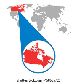 World map with zoom on Canada. Map in loupe. Vector illustration in flat style