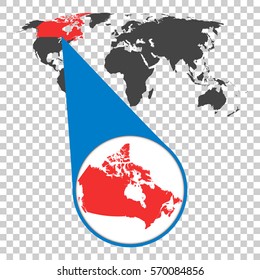 World map with zoom on Canada. Map in loupe. Vector illustration in flat style