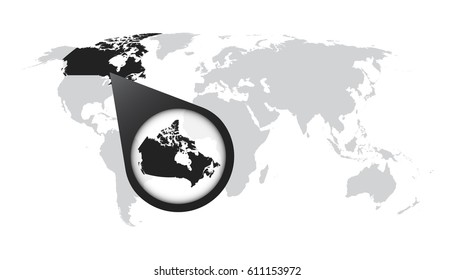 World map with zoom on Canada. Map in loupe. Vector illustration in flat style
