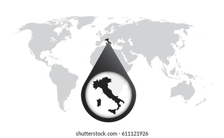 World map with zoom on Italy. Map in loupe. Vector illustration in flat style