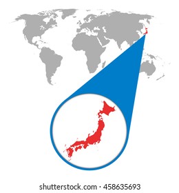 World map with zoom on Japan. Map in loupe. Vector illustration in flat style