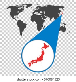 World map with zoom on Japan. Map in loupe. Vector illustration in flat style