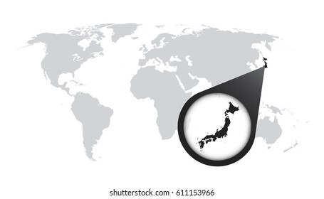 World map with zoom on Japan. Map in loupe. Vector illustration in flat style