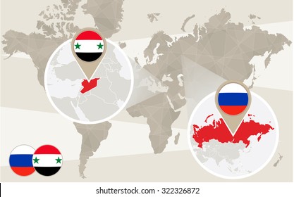 World map zoom on Syria, Russia. Conflict. Vector Illustration.