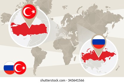 World map zoom on Turkey, Russia. Conflict. Turkey map with flag. Russia map with flag. Vector Illustration.