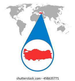 World map with zoom on Turkey. Map in loupe. Vector illustration in flat style