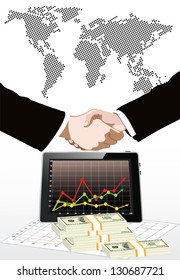 World map,dollars bills  and tablet pc computer over it handshake