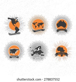 World maps badges set with vintage style star burst, retro elements for your design
