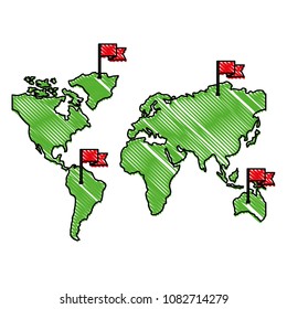 world maps with flags in sticks