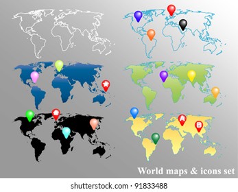 World Maps and Icons Set. Fully editable vector, data are in layers.